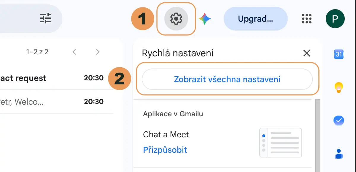 Ozubené kolo vpravo nahoře v Gmailu a tlačítko Zobrazit všechna nastavení
