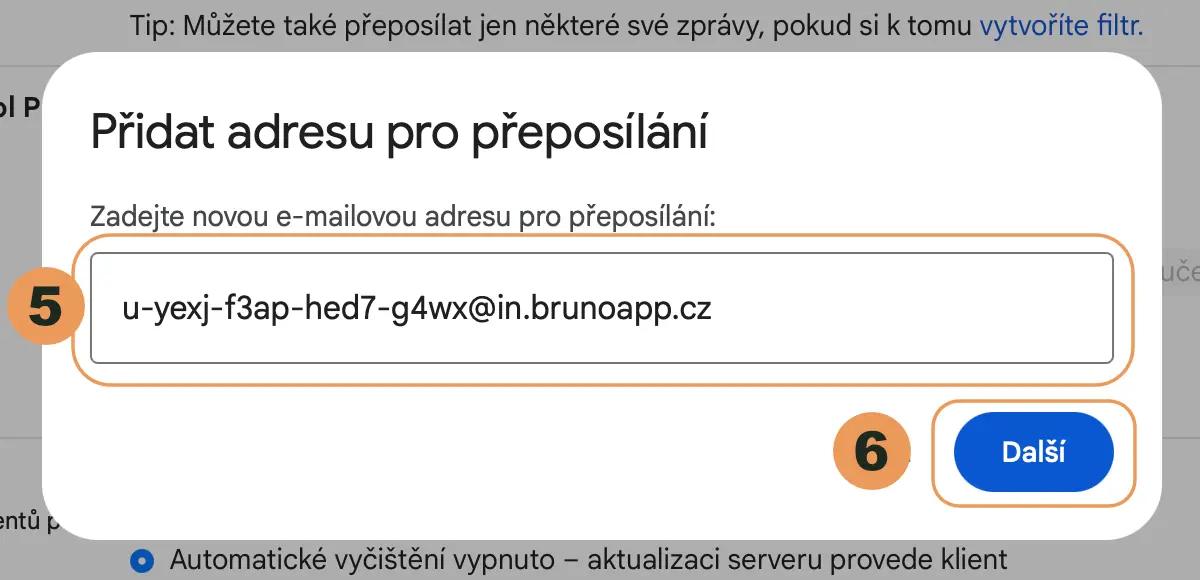 Okno Přidat adresu pro přeposílání s vloženou adresou a tlačítkem Další