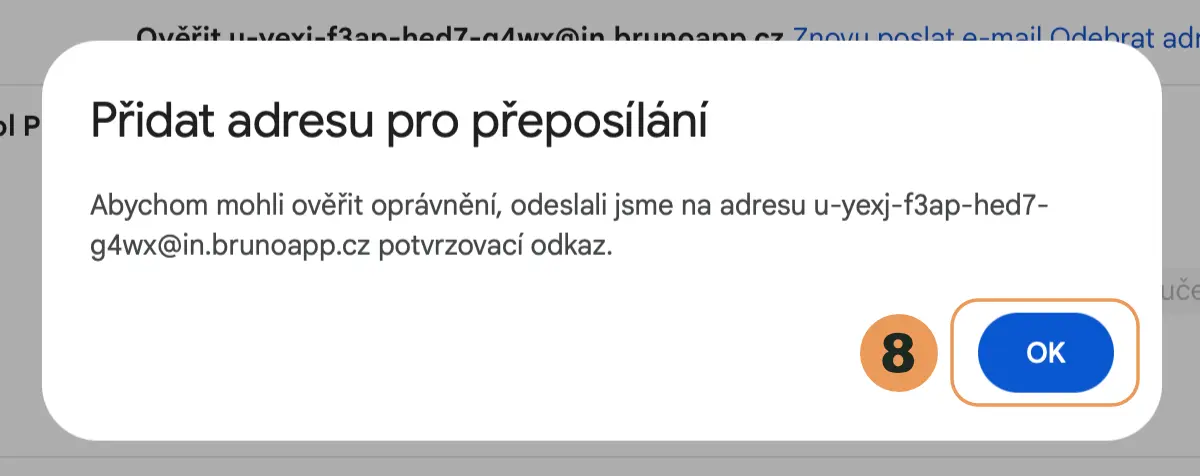 Okno s oznámením, že Gmail poslal potvrzovací odkaz, a tlačítkem OK