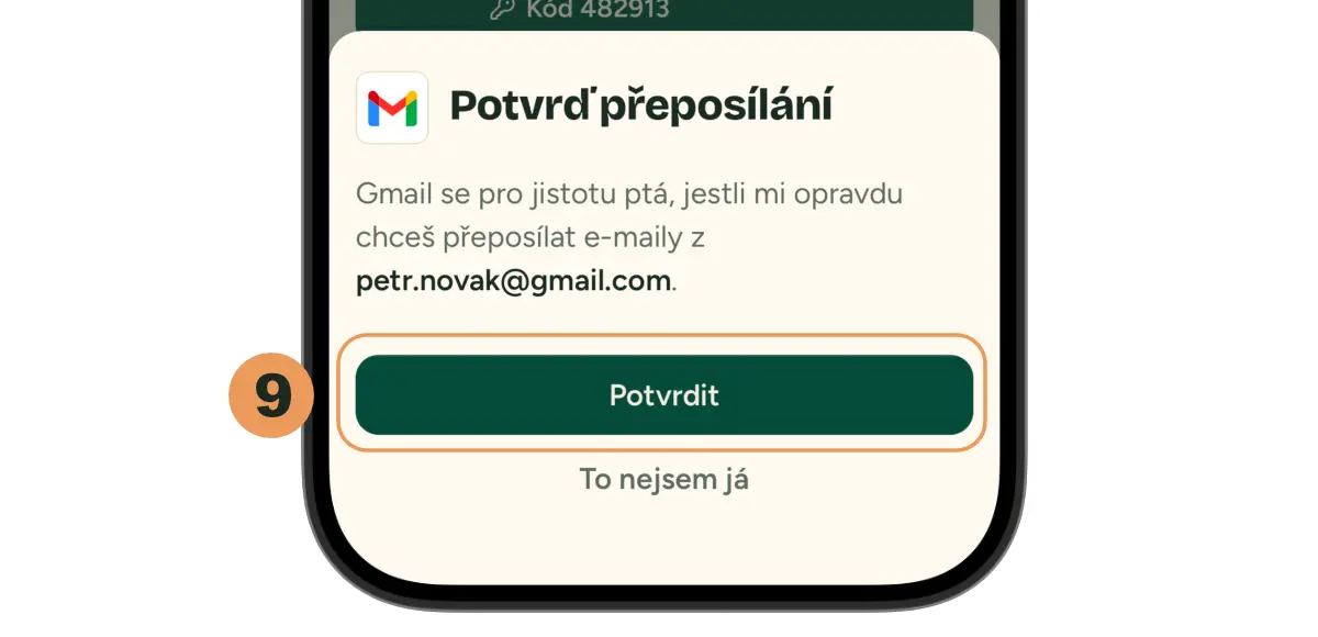 Žádost Potvrď přeposílání v appce Bruno s gmailovou adresou a tlačítkem Potvrdit