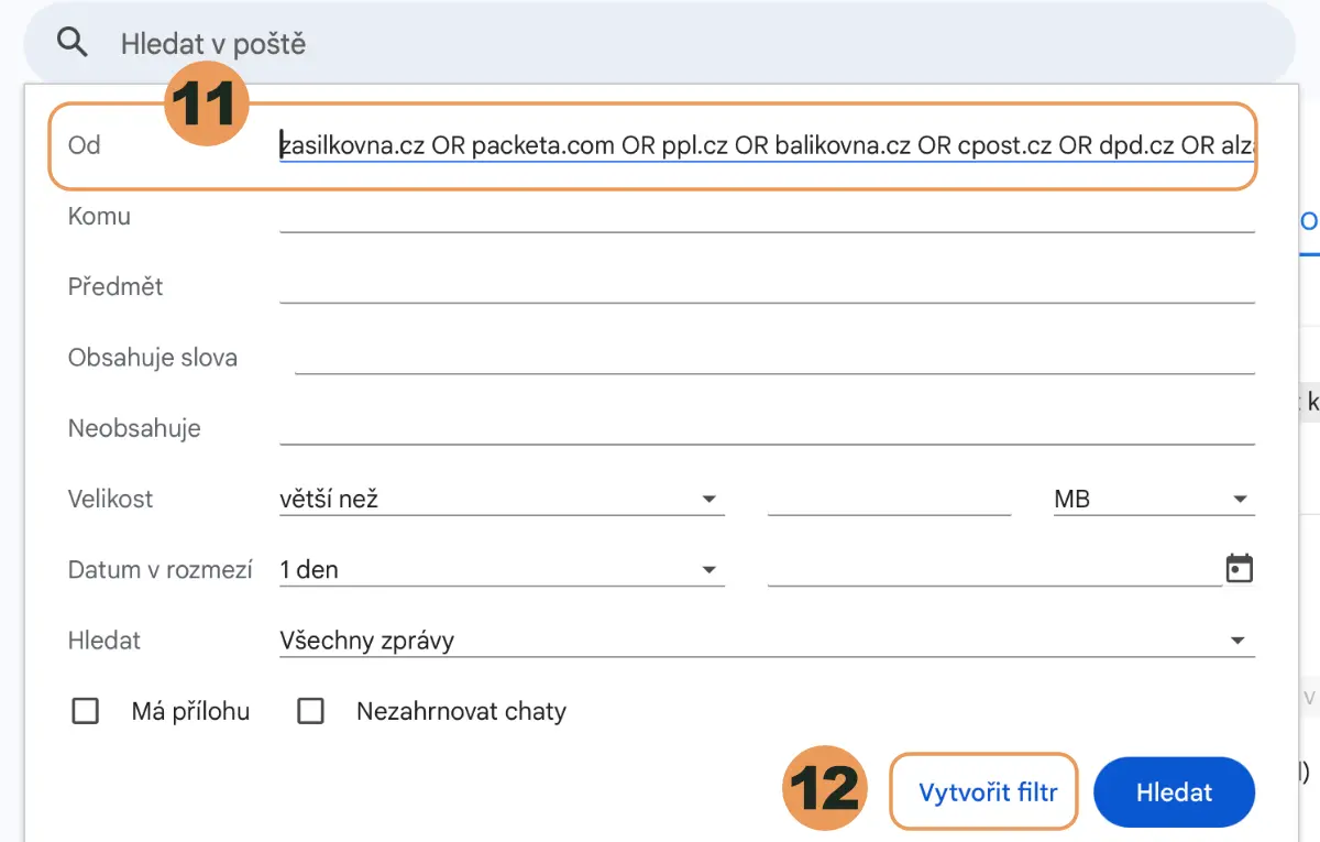 Možnosti vyhledávání v Gmailu s vyplněným polem Od a tlačítkem Vytvořit filtr